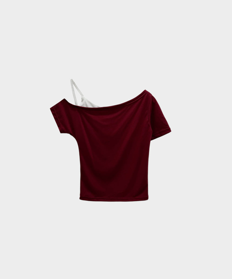 ワンショルダーレイヤード半袖Tシャツ