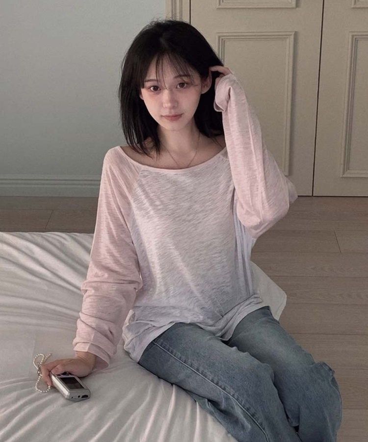 ワンショルダーラグランシアー長袖Tシャツ PINK