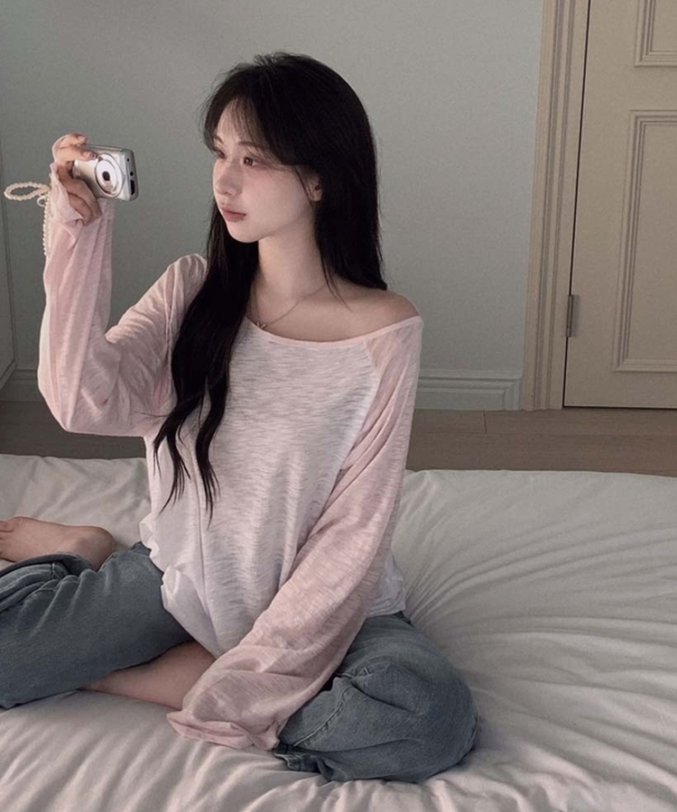 ワンショルダーラグランシアー長袖Tシャツ PINK