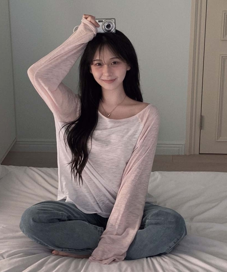 ワンショルダーラグランシアー長袖Tシャツ PINK