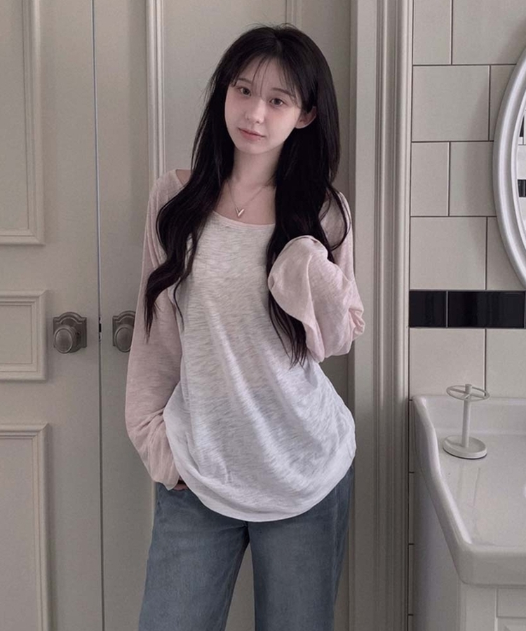 ワンショルダーラグランシアー長袖Tシャツ PINK