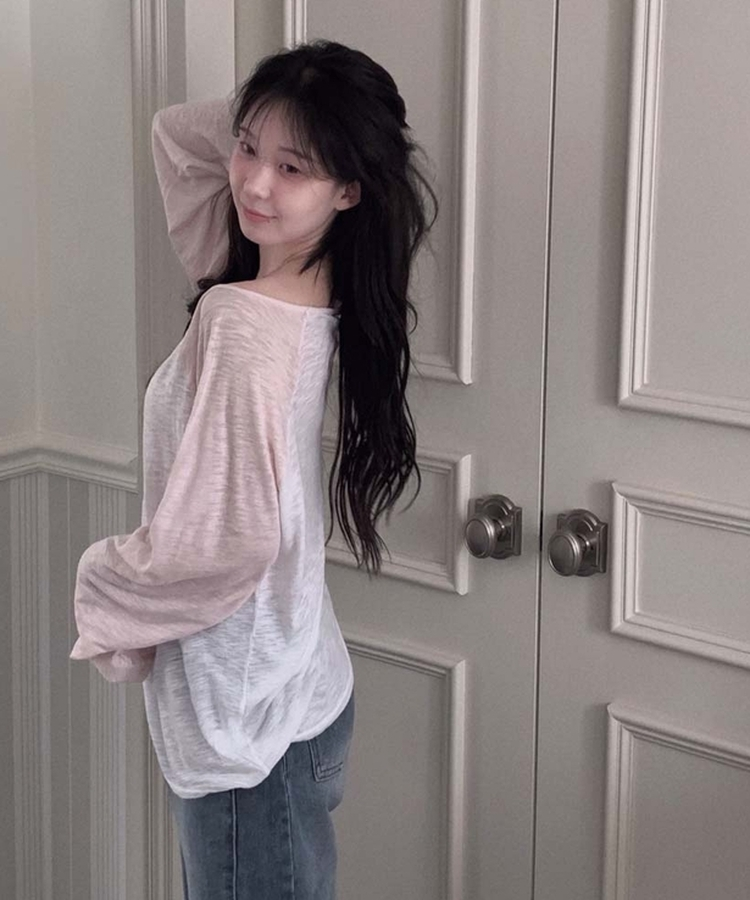 ワンショルダーラグランシアー長袖Tシャツ PINK