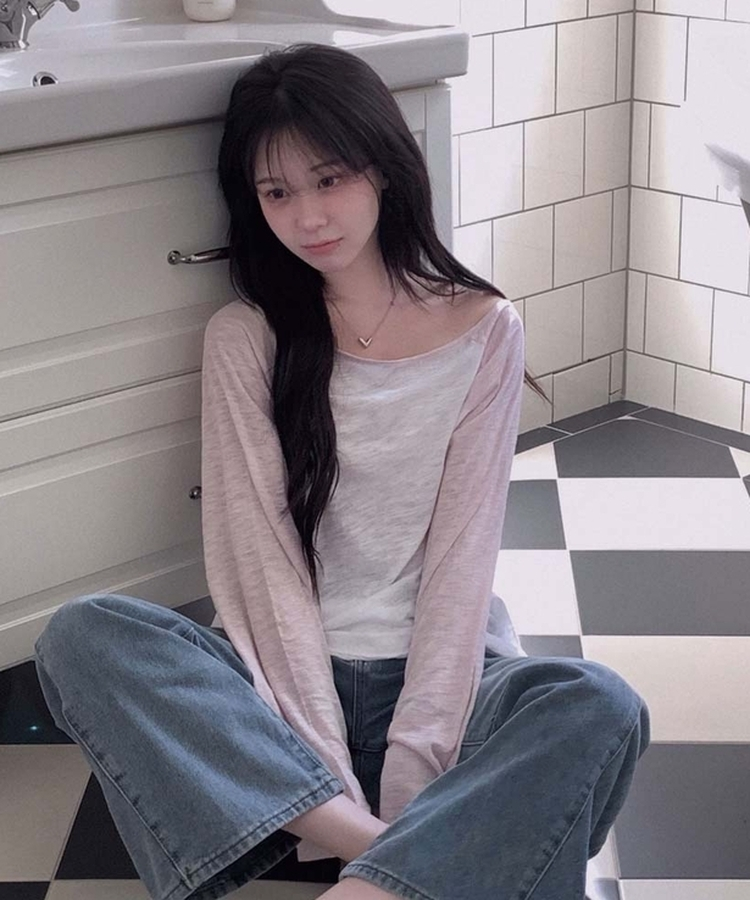 ワンショルダーラグランシアー長袖Tシャツ PINK