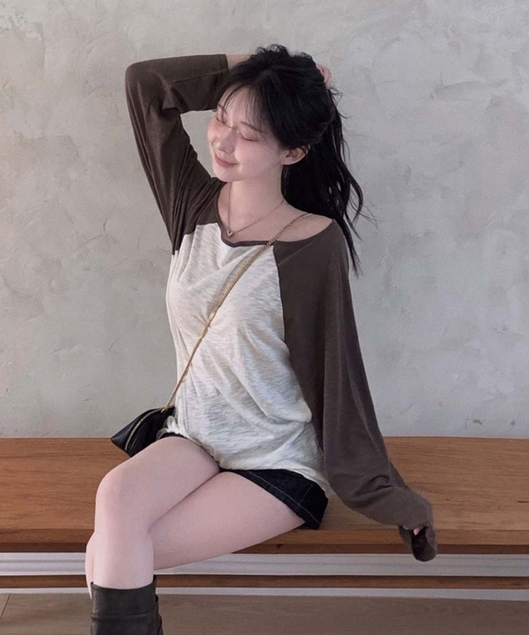 ワンショルダーラグランシアー長袖Tシャツ BROWN