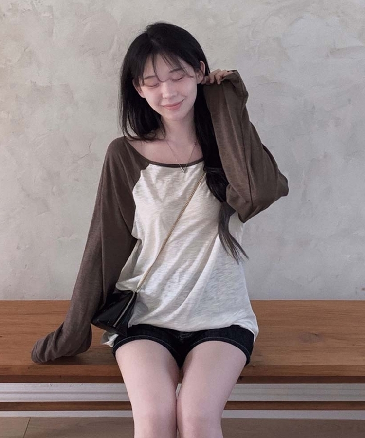 ワンショルダーラグランシアー長袖Tシャツ BROWN