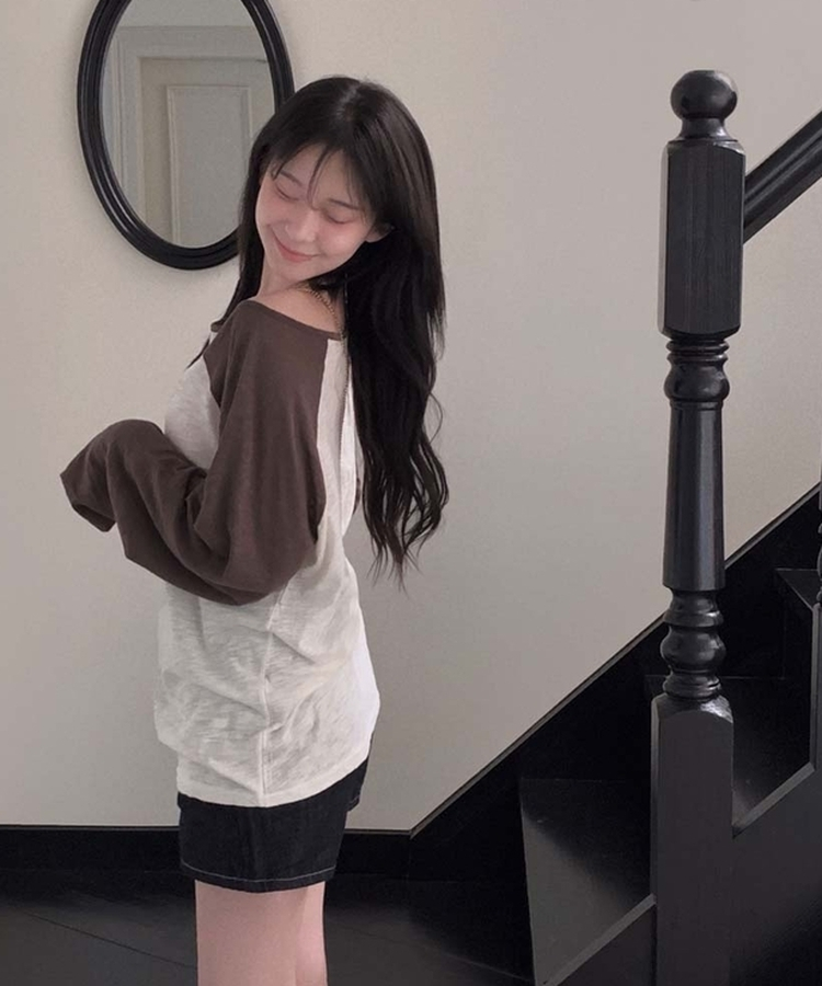 ワンショルダーラグランシアー長袖Tシャツ BROWN