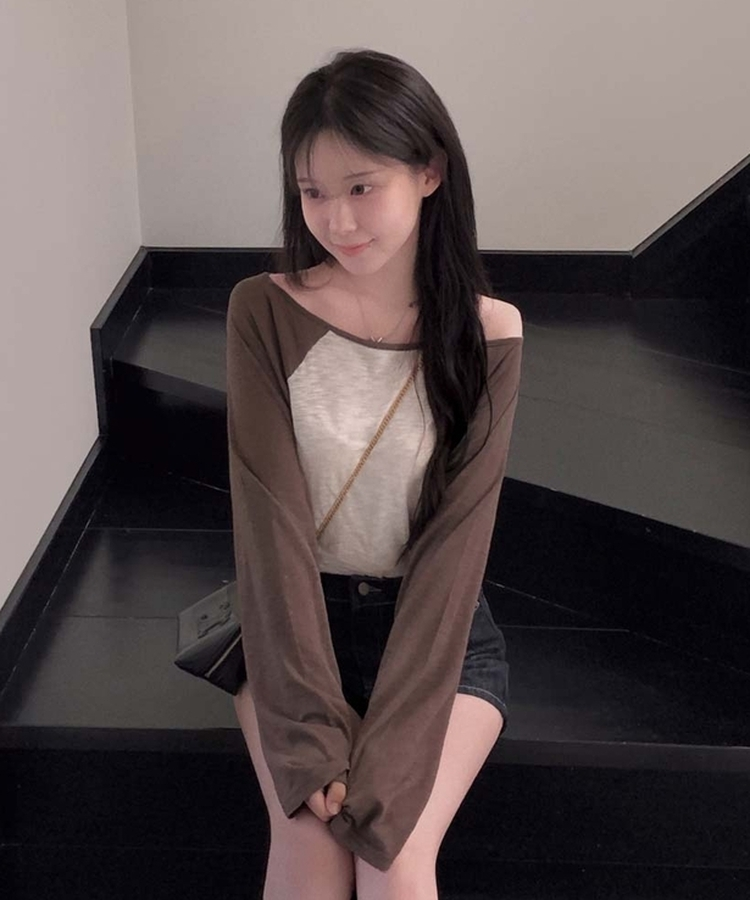 ワンショルダーラグランシアー長袖Tシャツ BROWN