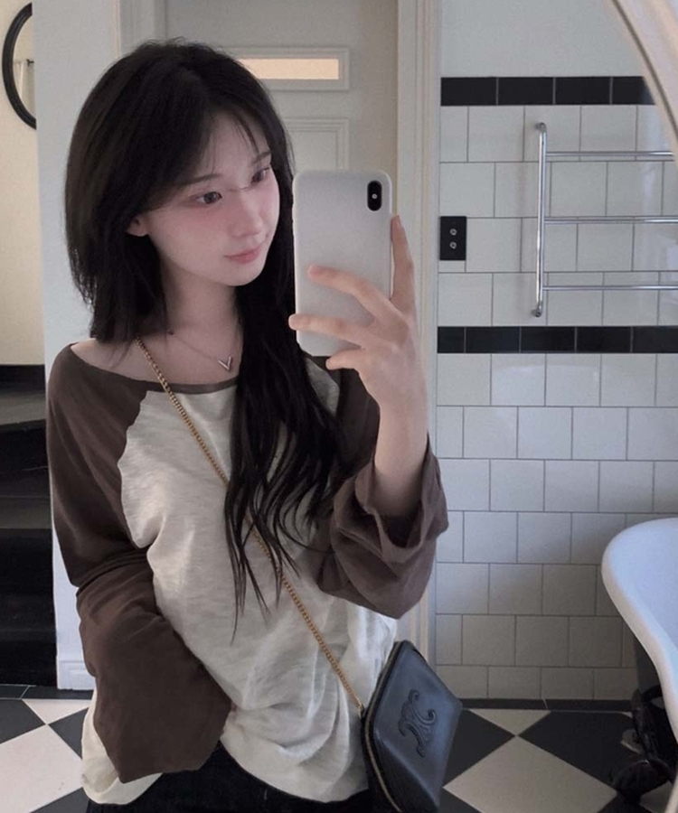 ワンショルダーラグランシアー長袖Tシャツ BROWN