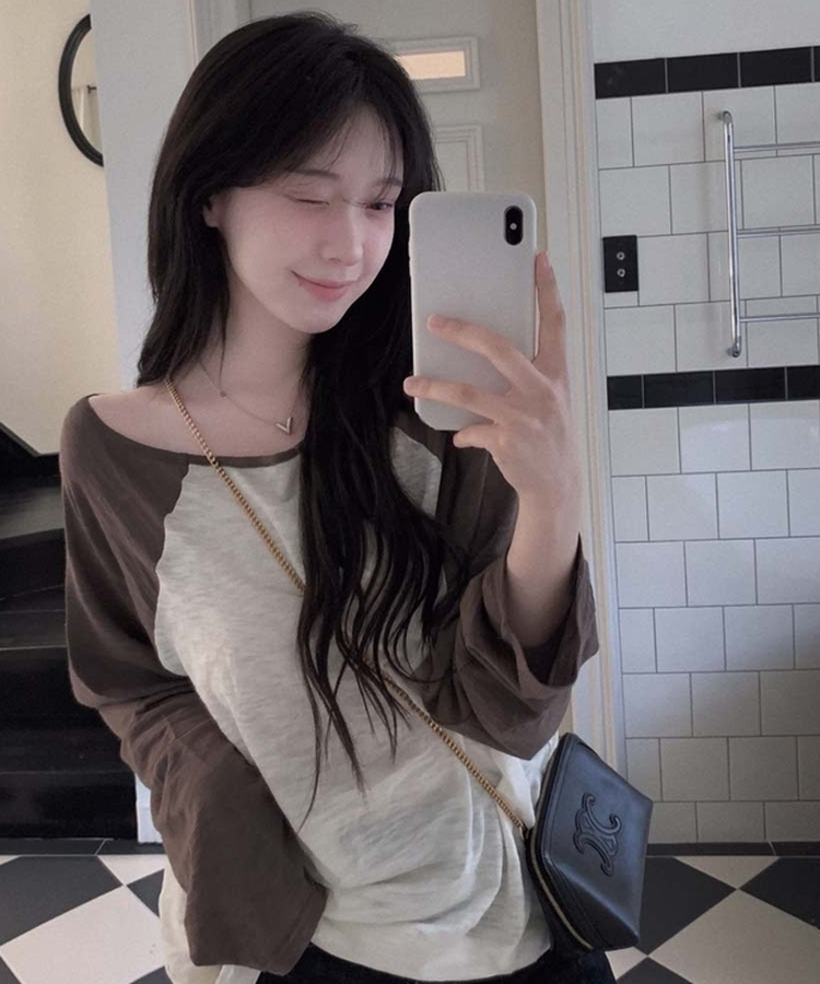 ワンショルダーラグランシアー長袖Tシャツ BROWN