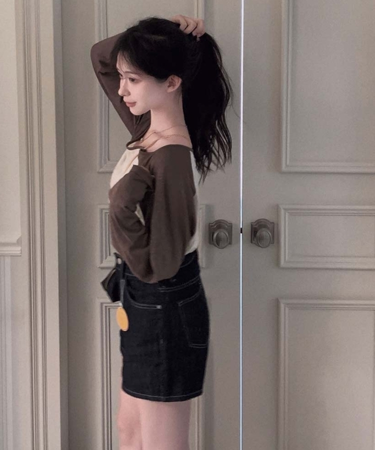 ワンショルダーラグランシアー長袖Tシャツ BROWN