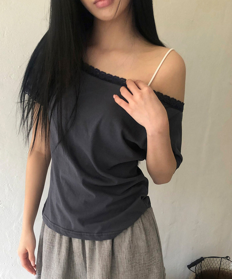 レースオフショルダー半袖Tシャツ CHARCOAL