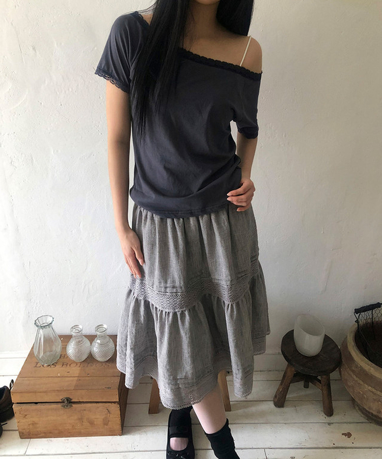 レースオフショルダー半袖Tシャツ CHARCOAL