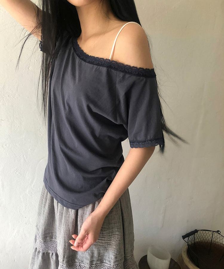 レースオフショルダー半袖Tシャツ CHARCOAL