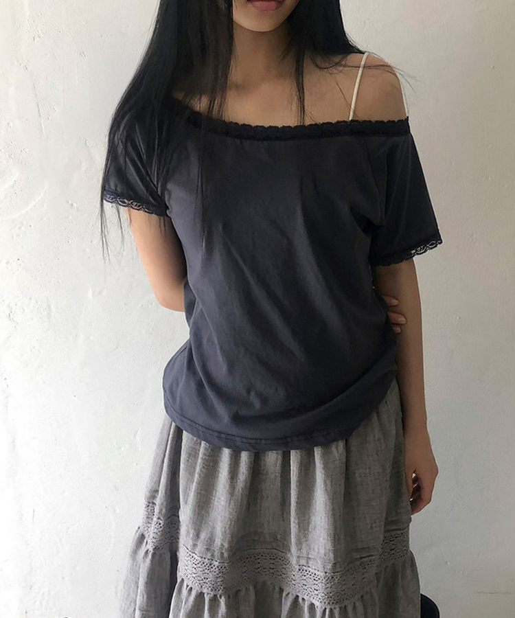 レースオフショルダー半袖Tシャツ CHARCOAL