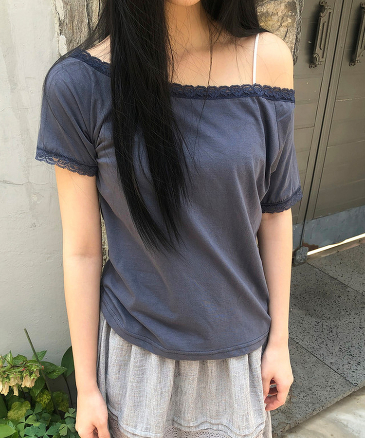 レースオフショルダー半袖Tシャツ CHARCOAL