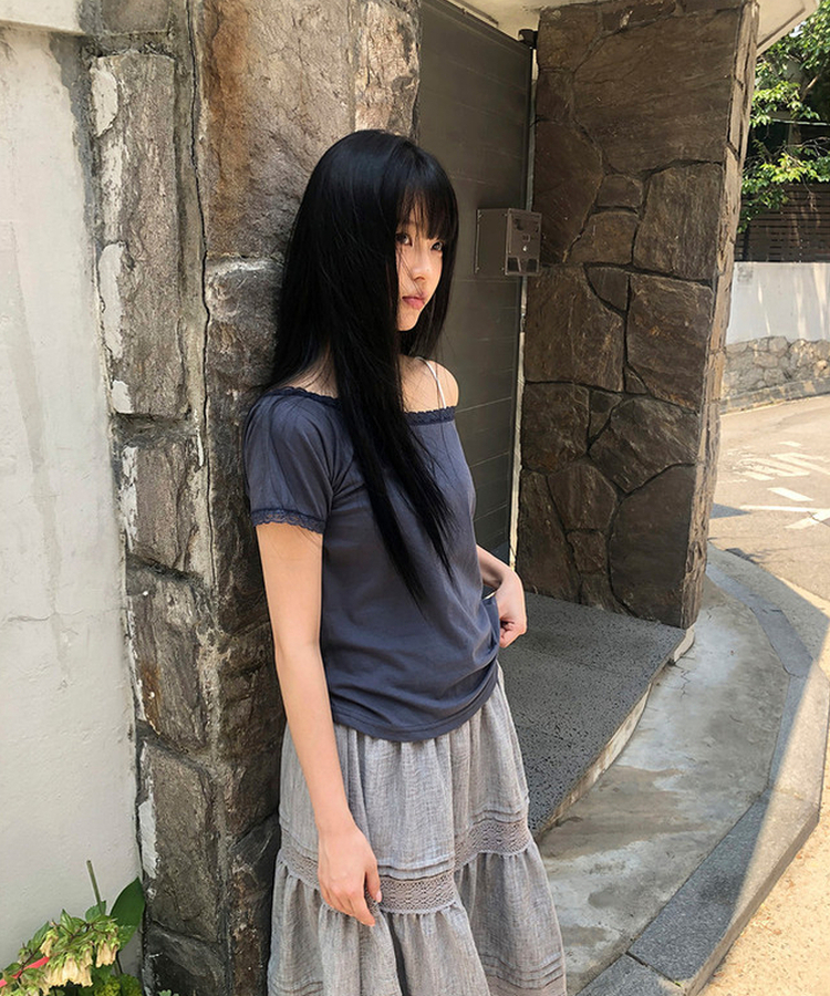 レースオフショルダー半袖Tシャツ CHARCOAL