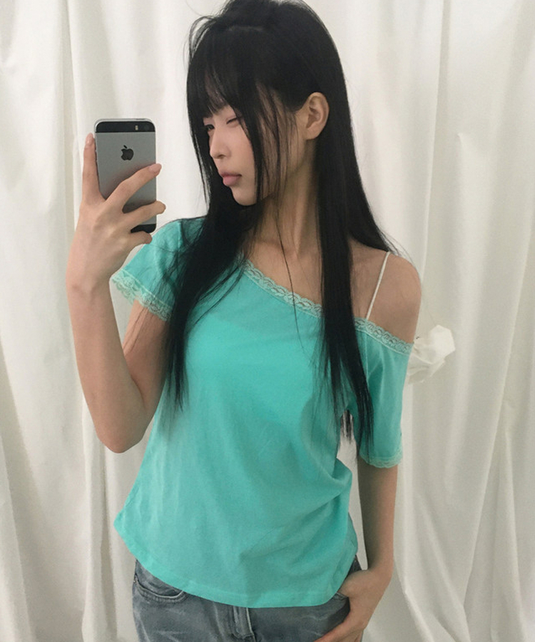 レースオフショルダー半袖Tシャツ MINT