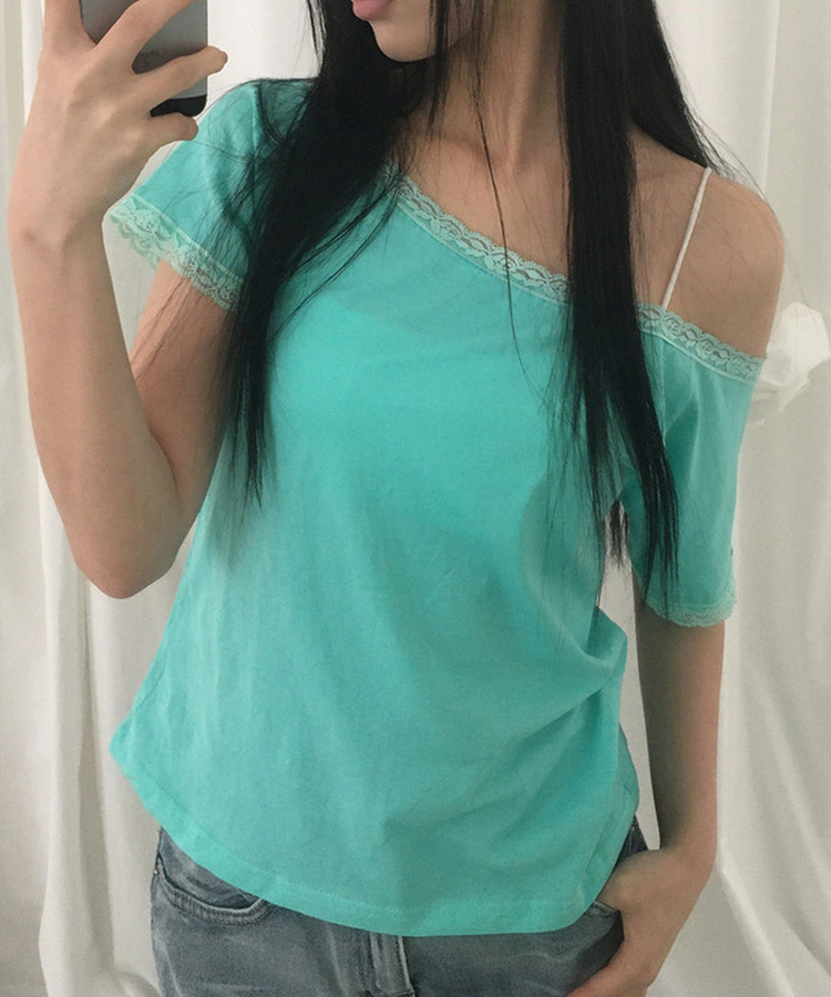 レースオフショルダー半袖Tシャツ MINT