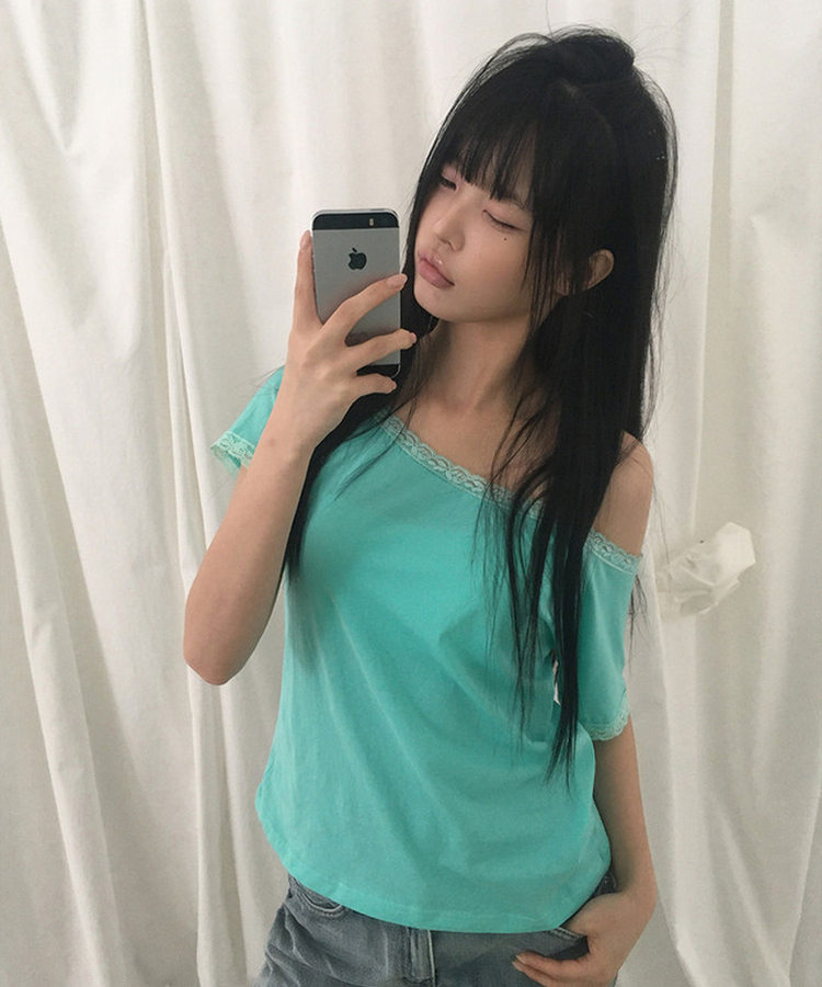 レースオフショルダー半袖Tシャツ MINT
