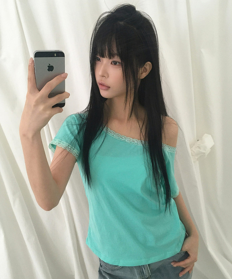 レースオフショルダー半袖Tシャツ MINT