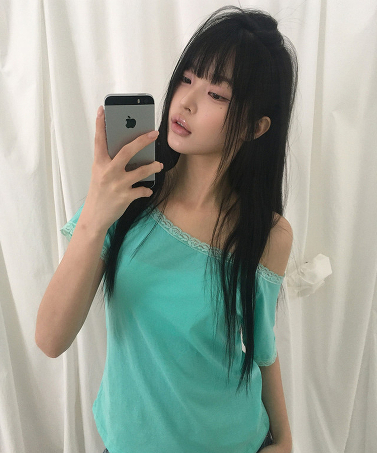 レースオフショルダー半袖Tシャツ MINT