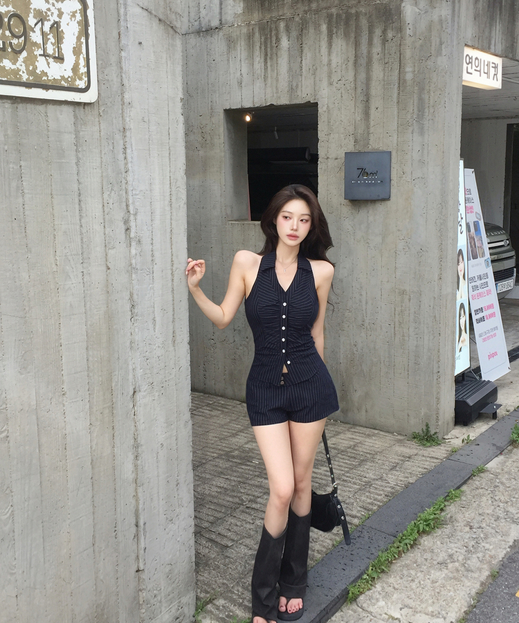 【SET】ホルターネックストライプシャツ＋ショートパンツ NAVY