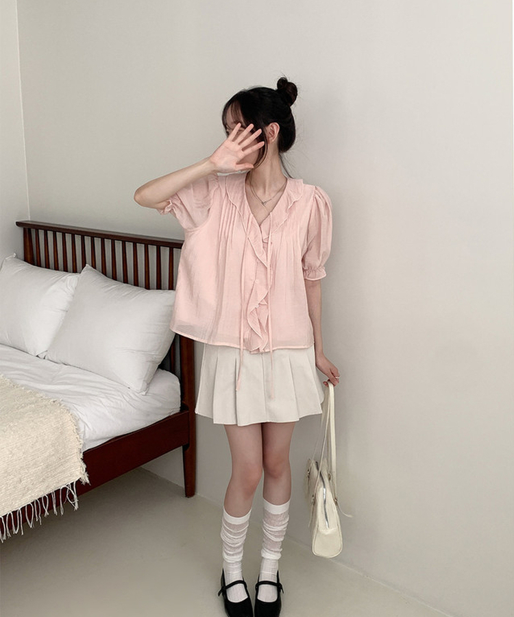 フリルシャーリングリボン半袖ブラウス PINK