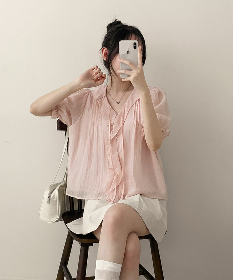 フリルシャーリングリボン半袖ブラウス PINK