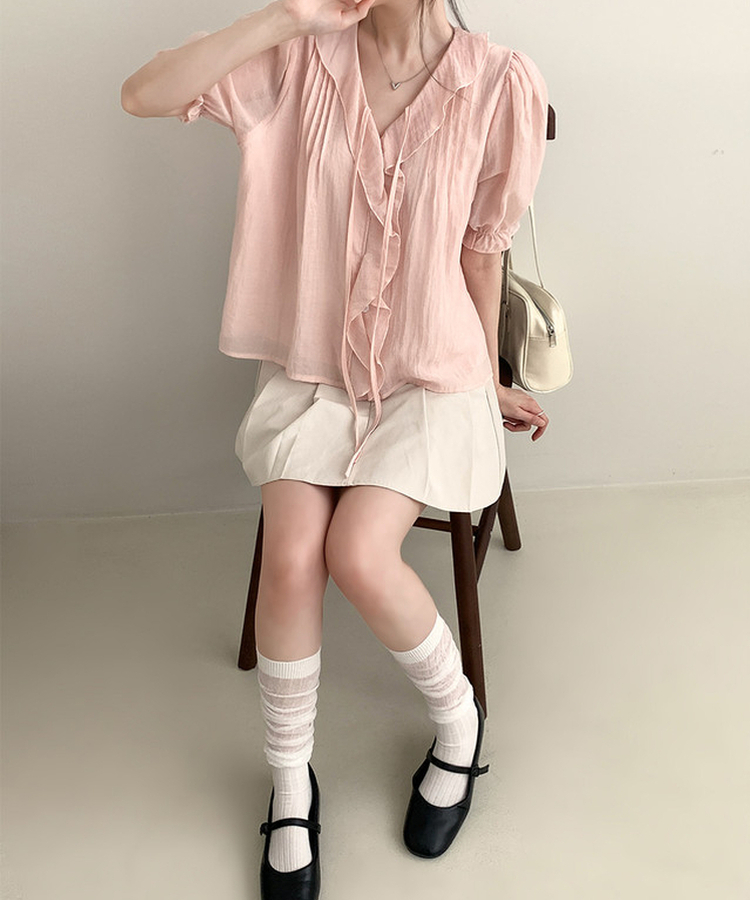 フリルシャーリングリボン半袖ブラウス PINK