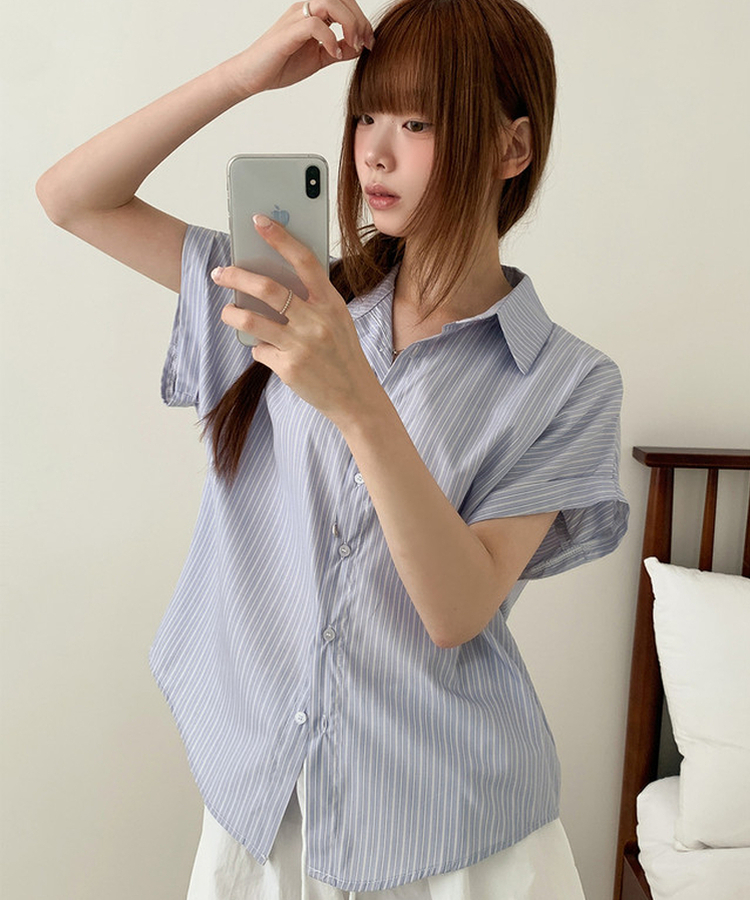ストライプロールアップ半袖シャツ SKY BLUE