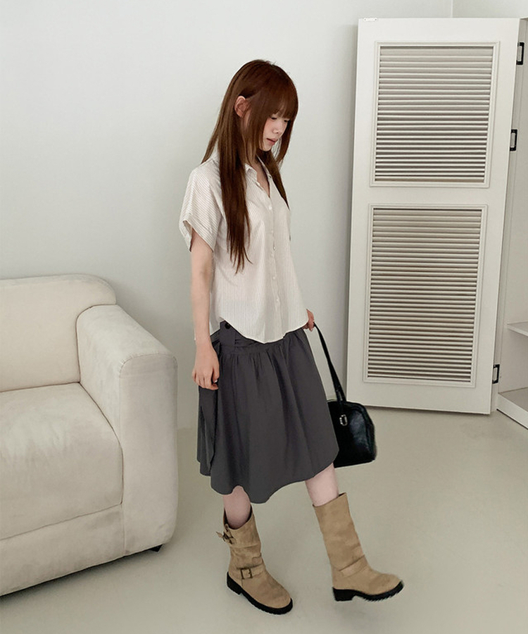 ストライプロールアップ半袖シャツ BEIGE