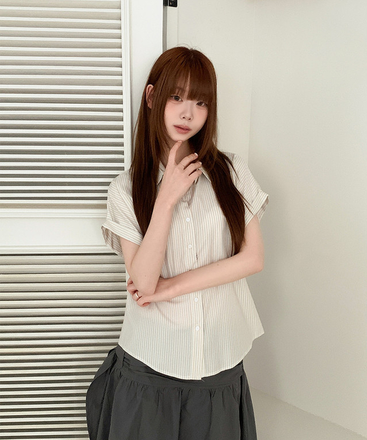 ストライプロールアップ半袖シャツ BEIGE