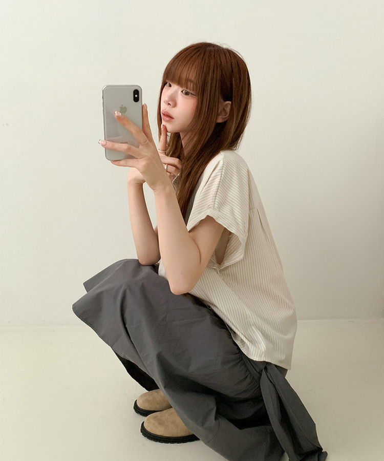 ストライプロールアップ半袖シャツ BEIGE