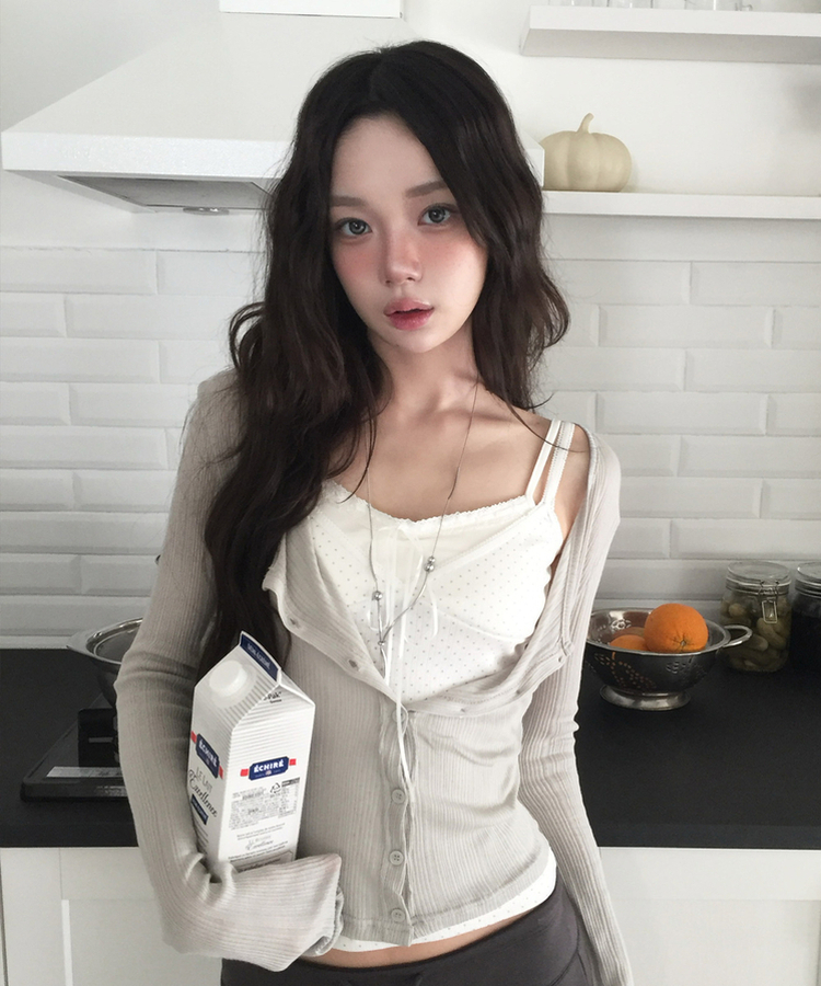【カップ付き】ダブルラインドットキャミソール WHITE