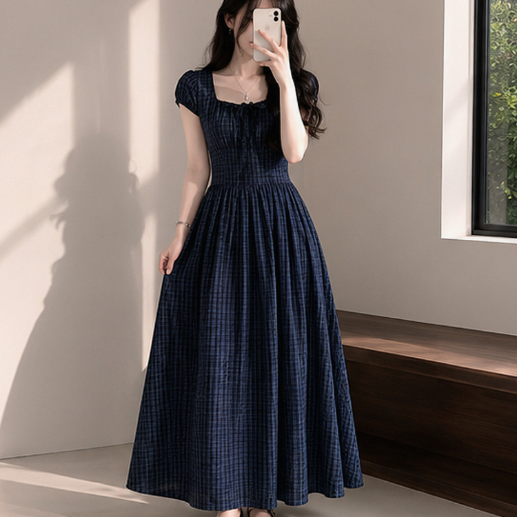 ウエストマークチェックロングワンピース NAVY