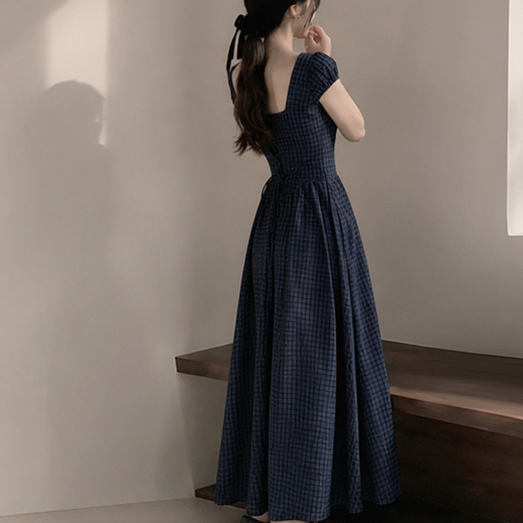 ウエストマークチェックロングワンピース NAVY
