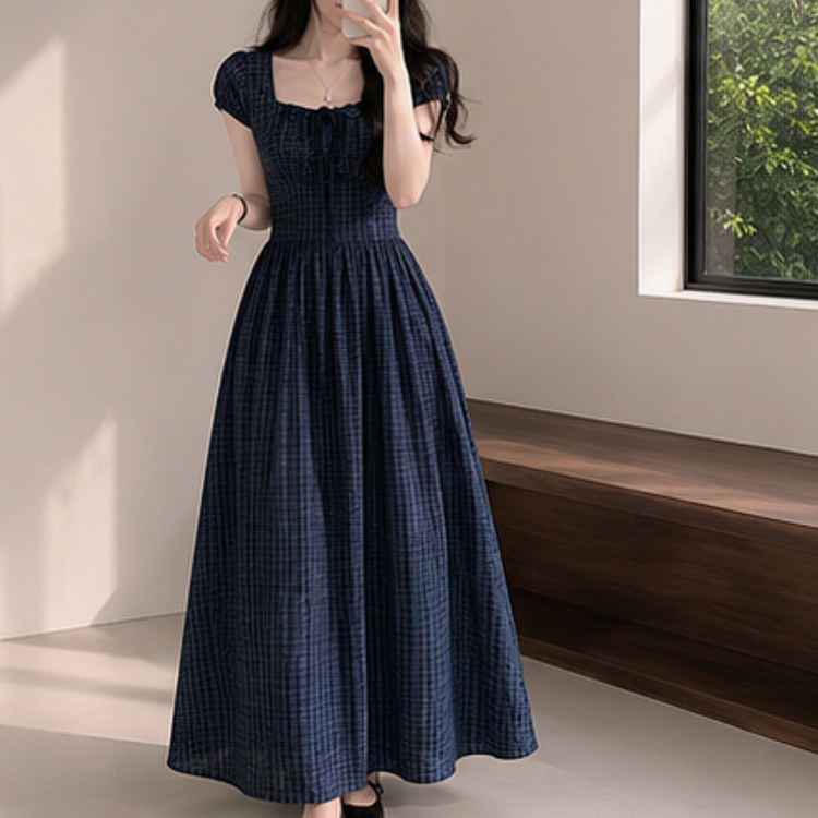 ウエストマークチェックロングワンピース NAVY