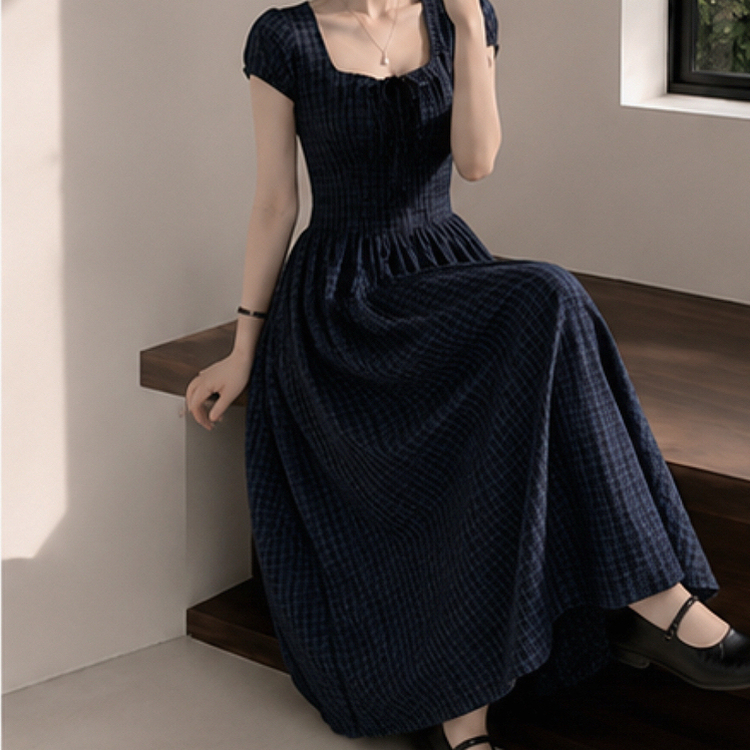 ウエストマークチェックロングワンピース NAVY