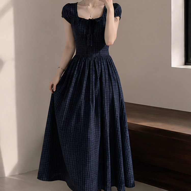 ウエストマークチェックロングワンピース NAVY