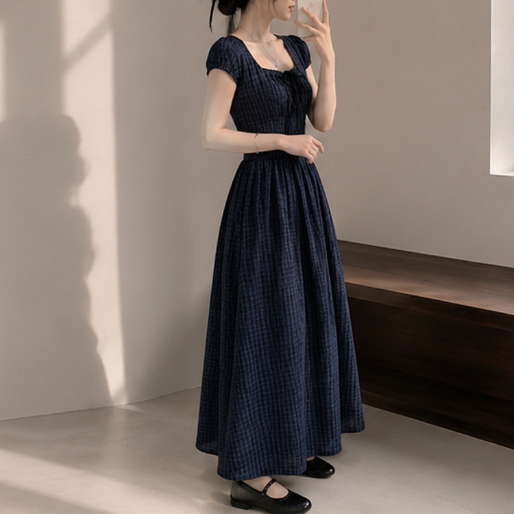 ウエストマークチェックロングワンピース NAVY