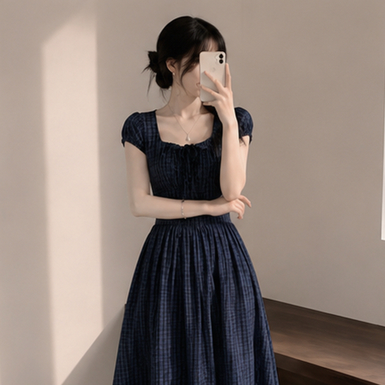 ウエストマークチェックロングワンピース NAVY