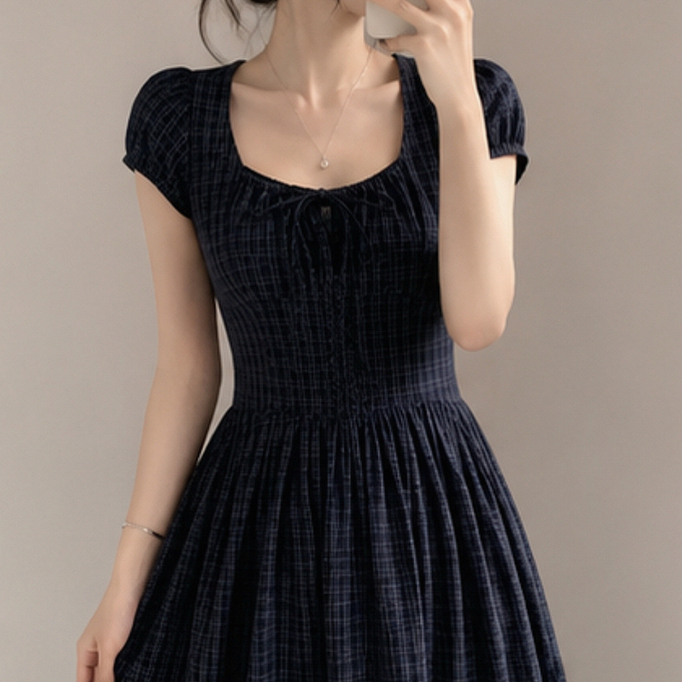 ウエストマークチェックロングワンピース NAVY