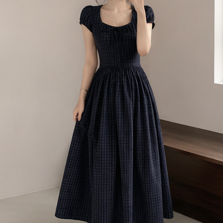 ウエストマークチェックロングワンピース NAVY