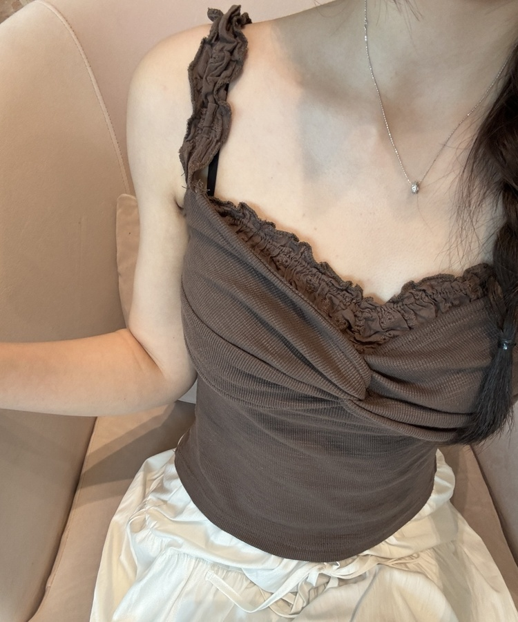 펀칭 레이스 셔링 프릴 나시 브라운