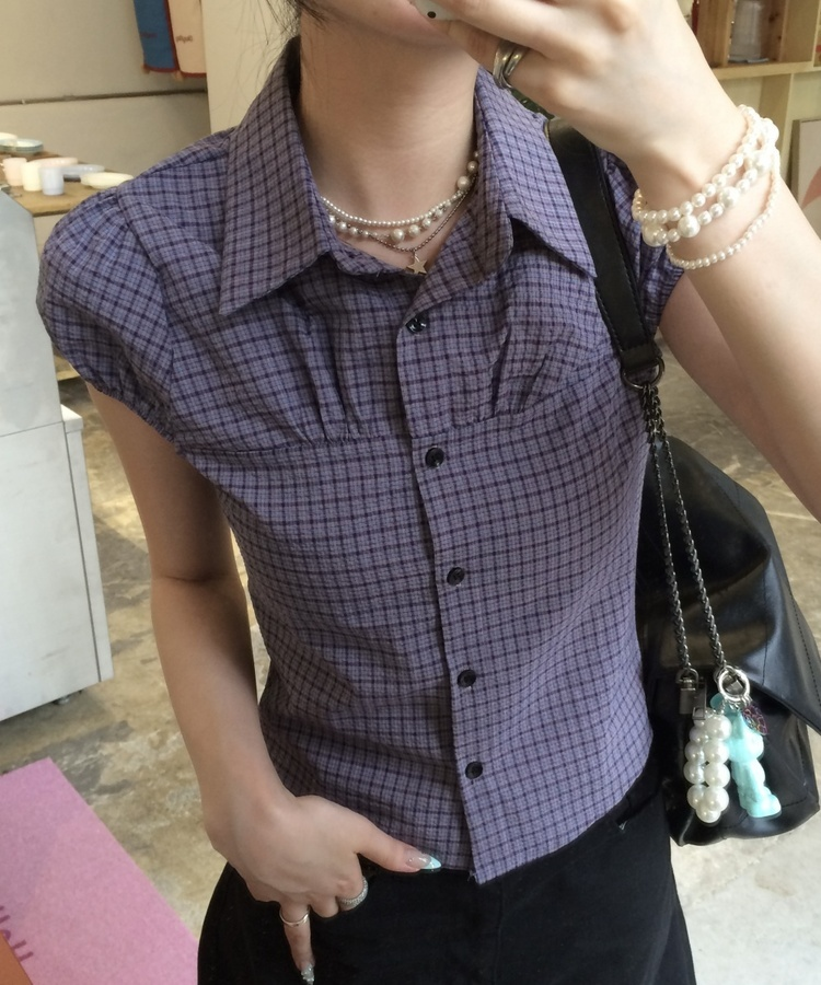 카라 퍼프 체크 셔츠 보라