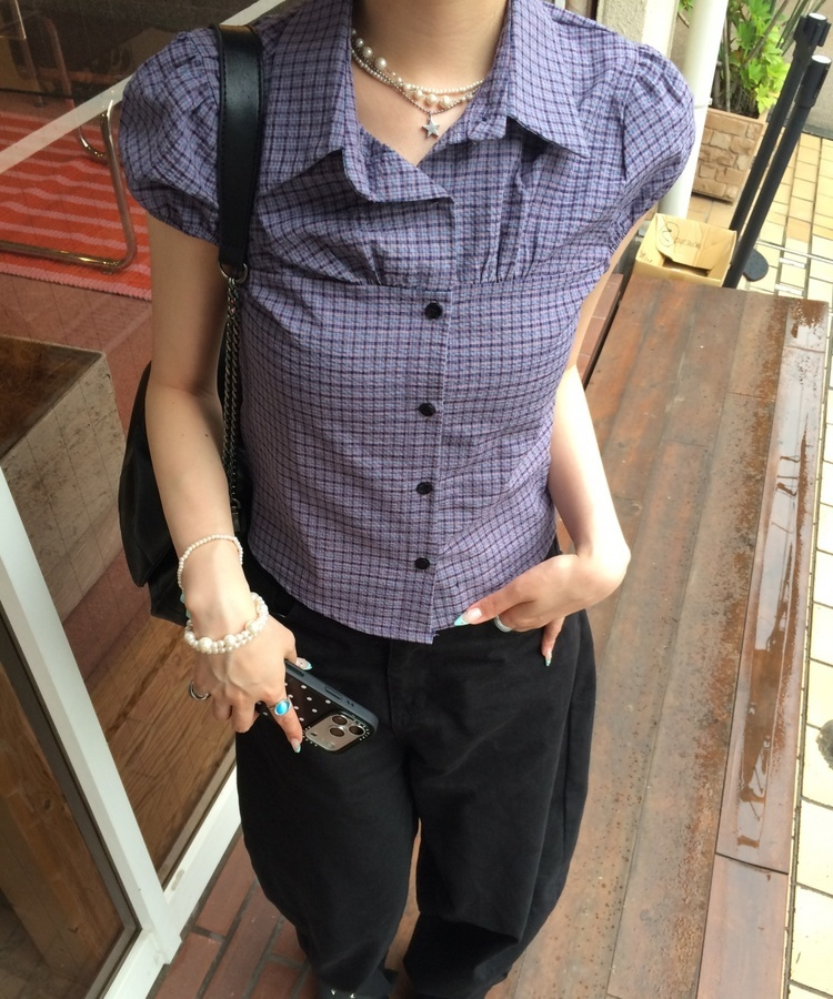 카라 퍼프 체크 셔츠 보라