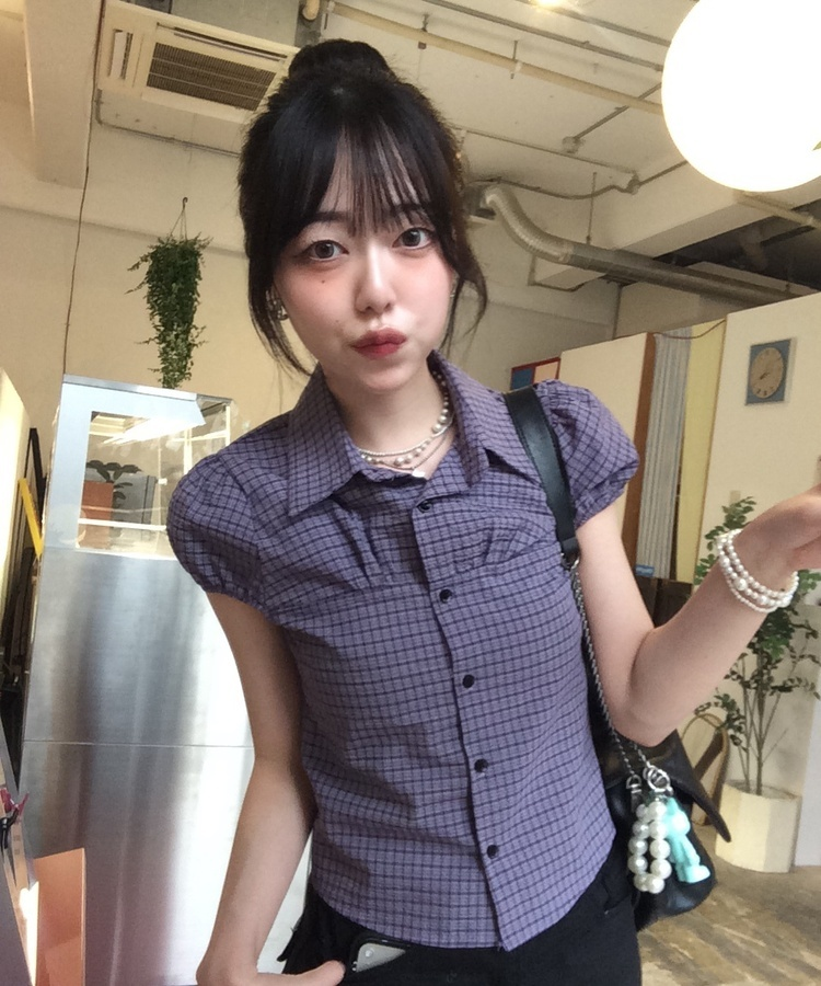 카라 퍼프 체크 셔츠 보라