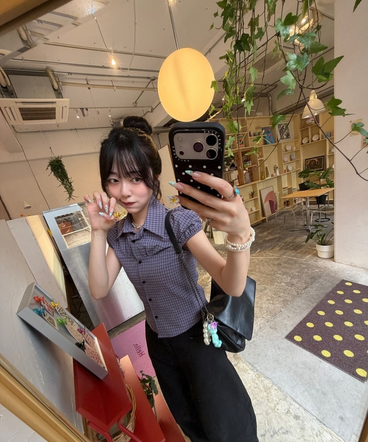 카라 퍼프 체크 셔츠 보라