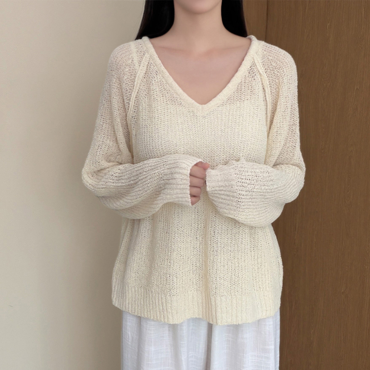 シースルーVネックブークレ長袖ニット(5color) BEIGE