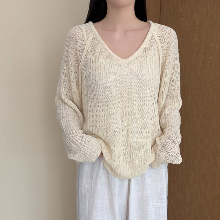 シースルーVネックブークレ長袖ニット(5color) BEIGE